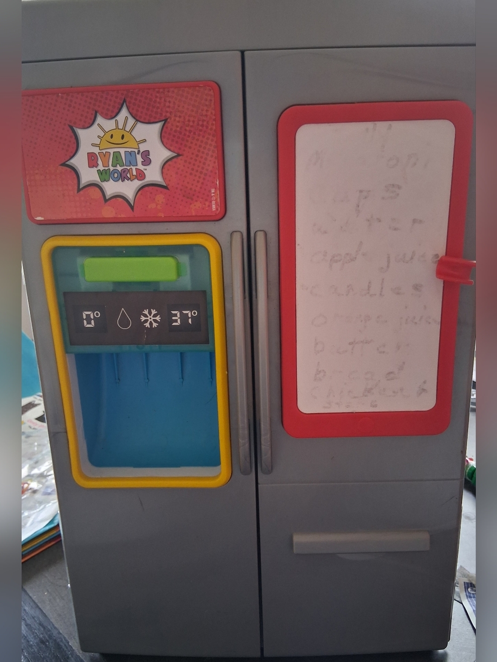 Gray Toy Refrigerator with Red & Yellow Accents